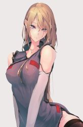 Rule 34 | 1girl, akiyama cz4a, bare shoulders, black thighhighs, blonde hair, breasts, commentary request, dress, elbow gloves, gloves, grey background, hair between eyes, head tilt, highres, large breasts, long hair, looking at viewer, mole, mole under eye, no headwear, purple dress, purple eyes, simple background, sleeveless, sleeveless dress, smile, solo, tabard, thighhighs, touhou, upper body, very long hair, white gloves, yakumo yukari