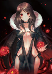 Rule 34 | 1girl, absurdres, black dress, black jacket, blush, breasts, brown hair, collarbone, commentary request, dress, fate/grand order, fate (series), flower, fur-trimmed jacket, fur trim, hand up, head tilt, highres, holmemee, jacket, long hair, long sleeves, medium breasts, navel, open clothes, open jacket, parted bangs, parted lips, red eyes, red flower, revealing clothes, solo, strapless, strapless dress, very long hair, yu mei-ren (fate)