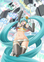 Rule 34 | aqua eyes, aqua hair, detached sleeves, gloves, hatsune miku, jewelry, long hair, navel, necklace, one eye closed, open mouth, raybar, solo, speaker, thighhighs, twintails, very long hair, vocaloid, wink