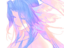 Rule 34 | 1girl, bare shoulders, blue hair, choker, eboda-x, expressionless, eyelashes, feathered wings, final fantasy, final fantasy xiv, hair intakes, head wings, highres, long hair, looking down, parted lips, portrait, simple background, solo, the endsinger, white background, white wings, wings