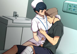 Rule 34 | 1girl, bed, black hair, black sclera, blush, censored, colored sclera, gloves, grabbing, grabbing another&#039;s breast, greco roman (spiral brain), handjob, hat, highres, hospital, hospital bed, indoors, legs, looking at another, mosaic censoring, motion lines, nurse, nurse cap, on bed, original, parted lips, penis, short hair, sink, sitting, thighs, uniform, white gloves