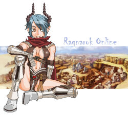 Rule 34 | 1girl, armor, armored boots, assassin cross (ragnarok online), blue hair, boots, breasts, breasts apart, brown gloves, brown leotard, canyon, closed mouth, commentary request, copyright name, desert, elbow gloves, full body, gloves, hair between eyes, hair over one eye, high heel boots, high heels, in-universe location, kneehighs, leotard, long bangs, looking to the side, medium breasts, navel, oekaki, pauldrons, ragnarok online, red scarf, revealing clothes, scarf, short hair, shoulder armor, sitting, smile, socks, solo, tokixwaa, torn clothes, torn scarf, vambraces, yellow eyes