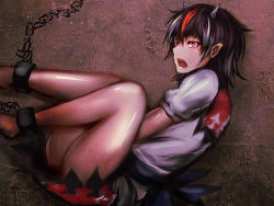 Rule 34 | 1girl, black hair, cuffs, dress, dutch angle, enbanzyou, fetal position, from side, grey horns, hangetsuban sonshou, horns, kijin seija, knees up, looking at viewer, looking to the side, multicolored hair, open mouth, puffy short sleeves, puffy sleeves, red hair, restrained, sash, shackles, shiny skin, short hair, short sleeves, solo, streaked hair, thighs, touhou, white hair, yellow eyes