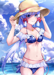Rule 34 | 1girl, 310setsu, ayaka (genshin impact), bikini, blue eyes, blue hair, blunt bangs, blush, breasts, cleavage, closed mouth, commentary, cowboy shot, frilled bikini, frills, genshin impact, hair ornament, hair scrunchie, hands on headwear, hat, highres, jewelry, light blue hair, looking at viewer, necklace, ponytail, red scrunchie, scrunchie, small breasts, smile, solo, straw hat, swimsuit