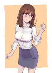 Rule 34 | 1girl, blush, breasts, brown hair, collared shirt, commentary, cowboy shot, glasses, highres, long hair, looking to the side, medium breasts, office lady, original, over-rim eyewear, peco (pockleberry), pencil skirt, red eyes, semi-rimless eyewear, shirt, skirt, sleeves rolled up, smile, solo, tight clothes, tight shirt, white shirt