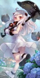 Rule 34 | 10s, 1girl, abyssal ship, bare shoulders, dress, flower, highres, horns, hydrangea, kantai collection, ks (xephyrks), long hair, looking at viewer, mittens, northern ocean princess, oni horns, rain, red eyes, sleeveless, sleeveless dress, solo, thigh strap, umbrella, white dress, white hair