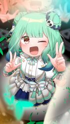 Rule 34 | 1girl, absurdres, confetti, double bun, double v, dress, fang, green hair, green ribbon, hair bun, hair ornament, highres, hololive, hololive idol uniform, looking at viewer, medium hair, monitor, one eye closed, open mouth, puchicochi 712, red eyes, ribbon, scrunchie, short sleeves, skull hair ornament, smile, solo, sparkling eyes, standing, uruha rushia, v, virtual youtuber, wrist scrunchie