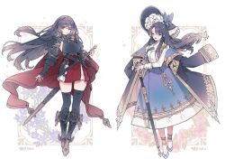 Rule 34 | armor, black hair, black thighhighs, blue bow, blue coat, blue eyes, blue flower, blue footwear, blue headdress, blue skirt, bow, bracer, breasts, cape, coat, coat on shoulders, double-parted bangs, embroidery, fashion, floral background, flower, full body, greatsword, greaves, hair ornament, heterochromia, hip armor, holding, holding sword, holding weapon, large breasts, lemon89h, long hair, long skirt, looking at viewer, medium breasts, original, parted bangs, pauldrons, pink flower, red cape, red lips, red skirt, shirt, shoulder armor, sidelocks, skirt, standing, sword, thighhighs, weapon, white shirt, yellow eyes
