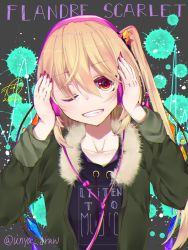 Rule 34 | 1girl, alternate costume, bad id, bad twitter id, black sweater, chisiro unya (unya draw), chromatic aberration, dated, drawstring, flandre scarlet, fur collar, grin, hair between eyes, hair ornament, hands up, head tilt, headphones, highres, jacket, long sleeves, looking at viewer, nail polish, one eye closed, one side up, pink nails, red eyes, smile, solo, star (symbol), star hair ornament, sweater, teeth, touhou, twitter username, upper body, wings