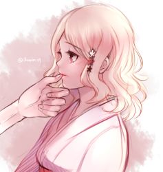 Rule 34 | 10s, 1girl, blonde hair, blush, diabolik lovers, finger to mouth, flower, hair ornament, hairpin, japanese clothes, kimono, komori yui, lips, manmosu, out of frame, petite, pink background, pink eyes, pink theme, rejet, simple background, solo focus, traditional clothes, twitter username, upper body, white background, yukata