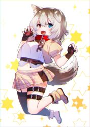 Rule 34 | 1girl, :d, animal ears, belt, black gloves, blue eyes, boots, breasts, brown hair, chain, chain leash, collar, cropped jacket, dog ears, dog girl, dog tail, ear down, fang, fingerless gloves, full body, garter straps, gloves, hasuki rui, heterochromia, highres, indie virtual youtuber, jacket, kitasaya ai, leash, light brown hair, medium breasts, medium hair, miniskirt, multicolored hair, navel, open clothes, open jacket, open mouth, plaid, plaid skirt, pleated skirt, puffy short sleeves, puffy sleeves, red collar, red eyes, short sleeves, single garter strap, single thighhigh, skin fang, skirt, smile, tail, thigh strap, thighhighs, two-tone hair, unaligned ears, virtual youtuber