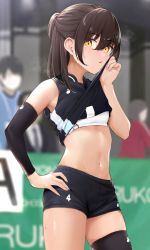 Rule 34 | 1girl, 3others, absurdres, black shirt, black shorts, black thighhighs, blurry, blurry background, breasts, brown hair, clothes lift, commentary request, cowboy shot, detached sleeves, hair between eyes, hand on own hip, highres, lifting own clothes, medium hair, multiple others, navel, open mouth, orange eyes, original, shirt, shirt lift, short shorts, shorts, single thighhigh, skindentation, sleeveless, sleeveless shirt, small breasts, solo focus, sports bra, sportswear, standing, stomach, sweat, thighhighs, vegetablenabe