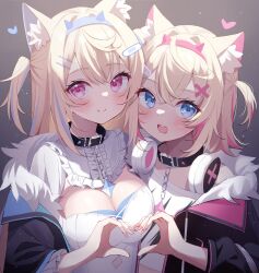 Rule 34 | 2girls, animal ear fluff, animal ears, belt collar, black collar, black jacket, blue eyes, blue hair, blush, breasts, cleavage, closed mouth, collar, commentary, cropped jacket, cropped shirt, deyui, dog ears, dog girl, flat chest, fur-trimmed jacket, fur trim, fuwawa abyssgard, fuwawa abyssgard (1st costume), hair ornament, hairpin, headphones, headphones around neck, heart, heart hands, heart hands duo, highres, hololive, hololive english, jacket, large breasts, long hair, looking at viewer, medium hair, mococo abyssgard, mococo abyssgard (1st costume), multicolored hair, multiple girls, pink eyes, pink hair, shirt, siblings, sisters, smile, spiked collar, spikes, streaked hair, teeth, twins, upper teeth only, virtual youtuber, white shirt, x hair ornament