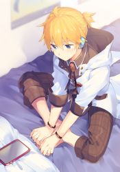 Rule 34 | 1boy, aqua nails, barefoot, bed, black pants, blonde hair, blue eyes, bracelet, commentary, digital media player, expressionless, feet together, foreshortening, from above, headphones, holding own foot, hood, hooded jacket, jacket, jewelry, kagamine len, knees apart feet together, male focus, nail polish, on bed, pants, poster (object), project diva (series), short ponytail, sinaooo, sitting, solo, spiked hair, vocaloid, white edge (module), white jacket