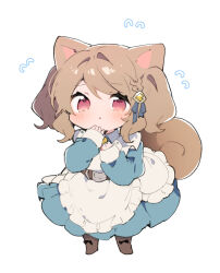 Rule 34 | 1girl, :o, animal ears, apron, blue dress, blush, boots, braid, brown footwear, dress, flying sweatdrops, frilled apron, frills, full body, hair between eyes, hair intakes, hands up, ikeuchi tanuma, kemonomimi mode, long sleeves, looking at viewer, original, parted lips, puffy long sleeves, puffy sleeves, red eyes, simple background, sleeves past wrists, solo, standing, tail, tino (ikeuchi tanuma), white apron, white background