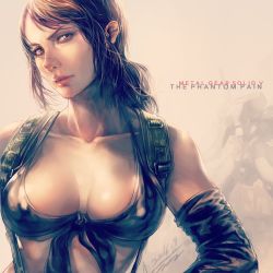 Rule 34 | 1girl, 2016, breasts, brown hair, cannon, cleavage, collarbone, copyright name, covered erect nipples, dated, elbow gloves, eyelashes, front-tie top, gloves, highres, jay b lee, konami, large breasts, lips, looking at viewer, magnetic weapon, metal gear (series), metal gear sahelanthropus, metal gear solid v: the phantom pain, quiet (metal gear), railgun, signature, solo, upper body, weapon