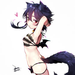 Rule 34 | 1girl, ahoge, animal ears, arm behind head, armpits, ass, black bra, black hair, black panties, blush, bra, breasts, chinese commentary, closed mouth, commentary request, dated, ejami, ekko (ejami), fox ears, fox girl, fox tail, from side, hair between eyes, heart, light smile, looking at viewer, looking to the side, original, panties, red eyes, short hair with long locks, simple background, small breasts, solo, tail, underwear, white background