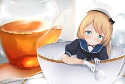 Rule 34 | 1girl, blonde hair, blue eyes, blue sailor collar, cowboy shot, cup, dress, glass container, gloves, haamon (harmon), hat, highres, holding, holding cup, in container, in cup, jervis (kancolle), kantai collection, long hair, looking at viewer, oversized object, sailor collar, sailor dress, saucer, short sleeves, solo, tea, teacup, teapot, vipper captain, white dress, white gloves, white hat