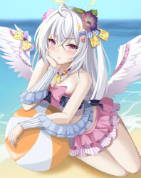 Rule 34 | 1girl, ahoge, azusa (blue archive), azusa (swimsuit) (blue archive), ball, beach, beachball, bead necklace, beads, bikini, blue archive, blue sky, blush, commentary request, crossed bangs, day, feathered wings, flower, food-themed hair ornament, frilled bikini, frills, hair flower, hair ornament, halo, hand up, head rest, highres, jewelry, looking at viewer, mokkon doru, necklace, ocean, official alternate costume, open mouth, outdoors, pink bikini, pink eyes, sky, solo, strapless, strapless bikini, swimsuit, watermelon hair ornament, white hair, white wings, wing bow, wings, yellow halo