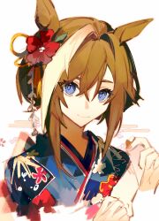 Rule 34 | 1girl, absurdres, alternate costume, animal ears, blue eyes, brown hair, cheval grand (umamusume), closed mouth, commentary request, ear ornament, egasumi, floral print, floral print kimono, hair between eyes, hair intakes, highres, hikawayunn, horse ears, horse girl, japanese clothes, kimono, looking at viewer, medium hair, multicolored clothes, multicolored hair, multicolored kimono, simple background, smile, solo, streaked hair, umamusume, upper body, white background, white hair