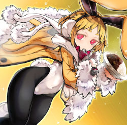 Rule 34 | 1girl, animal ears, black pantyhose, blonde hair, blush, bow, bowtie, coat, covered navel, curry, disgaea, earmuffs, eyebrows, fake animal ears, food, fur-trimmed coat, fur trim, highres, holding, holding food, holding spoon, leotard, long sleeves, looking at viewer, makai senki disgaea 5, nishiide kengorou, pantyhose, plate, playboy bunny, pom pom (clothes), rabbit earmuffs, rabbit ears, rabbit tail, red bow, red bowtie, red eyes, short hair, solo, spoon, standing, tail, thick eyebrows, thighs, usalia (disgaea), white leotard, yellow background, yellow coat