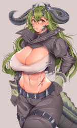 Rule 34 | 1girl, arknights, bandeau, brown eyes, commentary request, cowboy shot, crocodilian tail, estelle (arknights), gloves, green hair, grey background, grey gloves, grey jacket, grey pants, groin, hair between eyes, highres, horns, jacket, juliet sleeves, long hair, long sleeves, looking at viewer, midriff, navel, open clothes, open jacket, pants, parted lips, puffy sleeves, scar, simple background, solo, standing, stomach, taiko3000cc, tail, thighs, very long hair