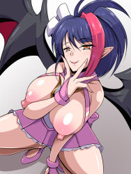 Rule 34 | 1girl, aimo (aimo1214), bat wings, blue hair, breasts, brown eyes, fang, fingernails, grey background, highres, large breasts, long fingernails, looking at viewer, millaarc, multicolored hair, nipples, pink hair, pointy ears, puffy nipples, purple footwear, senki zesshou symphogear, smile, solo, squatting, two-tone hair, v over mouth, wings