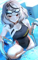 Rule 34 | black one-piece swimsuit, braid, choker, collarbone, competition swimsuit, goggles, grey hair, hololive, holox, looking at viewer, one-piece swimsuit, ponnu (nikeytina), pool, red eyes, sakamata chloe, swimsuit, thighs, virtual youtuber, wet