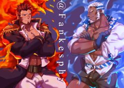 Rule 34 | 1boy, abs, absurdres, aegir (housamo), bara, beard, blue eyes, brown hair, crossed arms, crossover, dark skin, dark-skinned male, earrings, facial hair, fate/grand order, fate (series), guoguo, highres, jewelry, large pectorals, long sideburns, long sleeves, looking at another, pectoral cleavage, male focus, muscular, napoleon bonaparte (fate), open clothes, open shirt, pectorals, shirt, short sleeves, shorts, sideburns, simple background, smile, tokyo houkago summoners, upper body, white hair