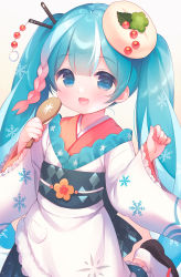 Rule 34 | 1girl, :d, apron, black footwear, black hakama, blue eyes, blue hair, blush, braid, brown background, brown kimono, commentary, food-themed hair ornament, gradient background, grey background, hair ornament, hakama, hakama skirt, hands up, hatsune miku, highres, holding, japanese clothes, kimono, long hair, long sleeves, looking at viewer, multicolored hair, open mouth, pink hair, sandals, shamoji, skirt, smile, snowflakes, socks, solo, standing, standing on one leg, streaked hair, symbol-only commentary, tabi, twintails, usashiro mani, very long hair, vocaloid, white apron, white hair, white socks, wide sleeves, yuki miku, yuki miku (2022) (candidate no.3), zouri