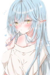 Rule 34 | 1girl, blue hair, blush, breasts, heart, highres, hiro (hirohiro31), holding, holding toothbrush, hololive, large breasts, long hair, looking at viewer, multicolored hair, pointy ears, shirt, simple background, solo, streaked hair, toothbrush, upper body, virtual youtuber, white background, yellow eyes, yukihana lamy