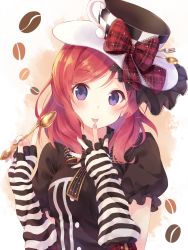 Rule 34 | 10s, 1girl, black shirt, blush, bokura wa ima no naka de, bow, buttons, coffee beans, elbow gloves, fingerless gloves, fingernails, fork, frilled sleeves, frills, gloves, hand to own mouth, hat, hat bow, hat ornament, highres, holding, love live!, love live! school idol festival, love live! school idol project, nail polish, nishikino maki, nonono (nononotea), pink nails, plaid, plaid bow, puffy short sleeves, puffy sleeves, purple eyes, red hair, shirt, short hair, short sleeves, simple background, solo, spoon, striped bow, striped clothes, striped gloves, tongue, tongue out, top hat, upper body