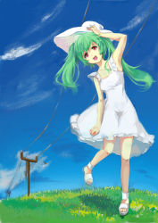 Rule 34 | 1girl, blue sky, cloud, day, dress, full body, grass, green hair, hand on headwear, hat, highres, open mouth, original, outdoors, red eyes, sandals, sky, smile, solo, sun hat, treasure (296022079), twintails, utility pole, white dress, white hat