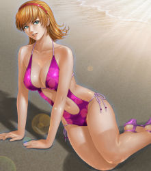 Rule 34 | 009 re:cyborg, 10s, 1girl, alternate costume, aqua eyes, arm support, bare arms, bare legs, bare shoulders, beach, breasts, casual one-piece swimsuit, cleavage, collarbone, cyborg 009, floral print, francoise arnoul, grin, hairband, head tilt, high heels, highres, large breasts, lens flare, light rays, lips, lipstick, looking at viewer, makeup, naughty face, navel, neck, one-piece swimsuit, open shoes, orange hair, orange lips, outdoors, purple footwear, purple one-piece swimsuit, red hairband, sand, shiny skin, shoes, short hair, sitting, smile, solo, sunbeam, sunlight, swimsuit, thick thighs, thighs, toten (der fuhrer), water, yokozuwari