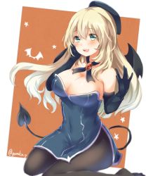 Rule 34 | 10s, 1girl, :d, adapted costume, aqua eyes, atago (kancolle), bad id, bad pixiv id, bare shoulders, bat wings, beret, blonde hair, blush, breasts, cleavage, covered navel, demon tail, elbow gloves, emilion, female focus, gloves, hand on own cheek, hand on own face, hat, kantai collection, large breasts, long hair, looking at viewer, open mouth, pantyhose, signature, sitting, smile, solo, tail, twitter username, wings