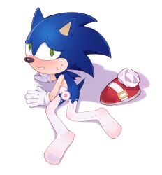 Rule 34 | absurdres, arm support, blue hair, blush, censored, clenched teeth, embarrassed, frown, furry, gloves, green eyes, hedgehog ears, hedgehog tail, highres, male focus, on floor, pantyhose, see-through, see-through legwear, shoes, unworn shoes, soles, sonic (series), sonic the hedgehog, sweat, teeth, toes, tsubasa tsubasa, white background, white gloves, white pantyhose