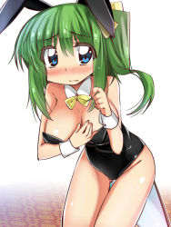 Rule 34 | 1girl, animal ears, ase (nigesapo), bare legs, blush, bow, bowtie, breasts, rabbit ears, cleavage, daiyousei, detached collar, fairy wings, fake animal ears, green hair, hair bow, large breasts, long hair, playboy bunny, ribbon, side ponytail, solo, touhou, wings, wrist cuffs