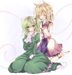 Rule 34 | 2girls, alternate hairstyle, anklet, bad id, bad pixiv id, barefoot, between legs, blush, bracelet, brown hair, dress, earmuffs, closed eyes, female focus, finger to mouth, full body, ghost, ghost tail, green dress, green eyes, green hair, hair ribbon, hand between legs, headphones, heart, jewelry, kneeling, long sleeves, multiple girls, nanase nao, no headwear, no headwear, open mouth, ponytail, ribbon, shirt, short hair, side ponytail, sitting, skirt, sleeveless, sleeveless dress, sleeveless shirt, soga no tojiko, touhou, toyosatomimi no miko, wristband
