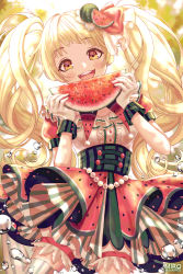 Rule 34 | 1girl, alternate hairstyle, artist name, bang dream!, blonde hair, blurry, blurry background, blush, breasts, dress, food, food-themed hair ornament, food print, frilled dress, frills, fruit, gem, hair ornament, highres, holding, holding food, holding fruit, jewelry, layered dress, layered skirt, light particles, long hair, looking at viewer, medium breasts, miro2, multicolored clothes, multicolored dress, multicolored skirt, open mouth, pearl (gemstone), short sleeves, skirt, solo, striped clothes, striped skirt, teeth, tsurumaki kokoro, twintails, twitter username, upper teeth only, very long hair, water drop, watermelon, watermelon hair ornament, watermelon print, watermelon seeds, wrist cuffs, yellow eyes