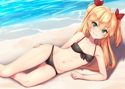 Rule 34 | &gt;:), 1girl, admiral hipper (azur lane), azur lane, beach, bikini, black bikini, blonde hair, bow, commentary request, day, flat chest, front-tie bikini top, front-tie top, green eyes, hair bow, long hair, looking at viewer, lying, navel, on side, outdoors, pensuke, smile, solo, swimsuit, two side up