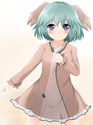 Rule 34 | 1girl, absurdres, animal ears, bad id, bad pixiv id, blush, clenched hand, dress, dutch angle, fangs, female focus, gradient background, green hair, hand on own chest, highres, kasodani kyouko, long sleeves, looking at viewer, masa masa, purple eyes, simple background, smile, solo, touhou