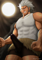 Rule 34 | 1boy, arm hair, bara, bike shorts, black shorts, bulge, covered abs, covered erect nipples, erection, erection under clothes, feet out of frame, from below, grey hair, grin, highres, hunter x hunter, large pectorals, leg hair, light, long sideburns, male focus, muscular, muscular male, pectoral cleavage, pectorals, pinko4444, short hair, shorts, sideburns, smile, solo, uvogin
