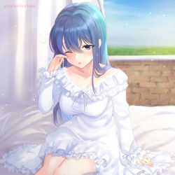 Rule 34 | 1girl, alternate costume, awayuki ramika, bed, blue eyes, blue hair, blush, breasts, brick wall, caeda (fire emblem), collarbone, commentary, cowboy shot, curtains, day, dress, fire emblem, fire emblem: new mystery of the emblem, fire emblem: shadow dragon, frilled dress, frilled sleeves, frills, hair between eyes, indoors, lace trim, light particles, long hair, long sleeves, looking down, medium breasts, nightgown, nintendo, on bed, one eye closed, open mouth, rubbing eyes, sitting, solo, straight hair, sunlight, twitter username, waking up, white dress, window