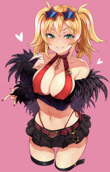 Rule 34 | 1girl, absurdres, arm under breasts, bare shoulders, belt, bikini, bikini under clothes, black skirt, blonde hair, blush, breast hold, breasts, bridal gauntlets, caee penguin, cleavage, collarbone, commentary request, covered erect nipples, cropped legs, earrings, eyewear on head, feather-trimmed sleeves, feather trim, green eyes, hand up, heart, highleg, highleg bikini, highres, hoop earrings, jewelry, large breasts, long sleeves, looking at viewer, medium hair, midriff, miniskirt, navel, original, pink background, pleated skirt, purple belt, red bikini, side-tie bikini bottom, simple background, skirt, smile, solo, star-shaped eyewear, star (symbol), swimsuit, twintails