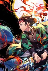 Rule 34 | 1boy, absurdres, belt, black jacket, black pants, brown eyes, brown hair, earrings, fire, from side, haori, highres, holding, holding sword, holding weapon, jacket, japanese clothes, jewelry, kamado tanjirou, kimetsu no yaiba, male focus, military, military uniform, pants, scar, scar on face, scar on forehead, short hair, solo, sword, tenobe, uniform, water, weapon