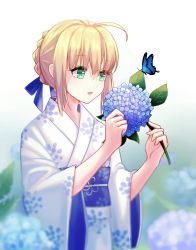 Rule 34 | 1girl, absurdres, ahoge, artoria pendragon (all), artoria pendragon (fate), blonde hair, blue flower, blue ribbon, bug, butterfly, fate/stay night, fate (series), flower, green eyes, hair ornament, hair ribbon, highres, holding, holding flower, hydrangea, insect, japanese clothes, kimono, obi, ribbon, saber (fate), sash, short hair with long locks, sidelocks, solo, standing, upper body, white background, white kimono, yukata
