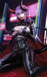 Rule 34 | 1girl, absurdres, arm support, ball gag, bdsm, belt, belt buckle, breastless clothes, breasts, breasts apart, buckle, cape, character request, chromatic aberration, cleavage, clothing cutout, copyright request, covered erect nipples, cropped jacket, cyberpunk, demon tail, denim, facial mark, feet out of frame, fingernails, gag, gagged, hair over eyes, headgear, high-waist pants, high belt, highres, holographic interface, holographic touchscreen, hood, hooded jacket, jacket, jeans, large breasts, leg cutout, long fingernails, looking at viewer, medium hair, micro bra, midriff, muzzle, nail polish, on floor, on ground, open mouth, pale skin, pants, pointy ears, purple hair, red cape, red eyes, red nails, revealing clothes, san mufan, science fiction, sideboob, sidelocks, sitting, solo, tail, teeth, underboob, upper teeth only, yokozuwari