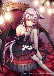 Rule 34 | 1girl, akkijin, animal ears, bare shoulders, black dress, black gloves, breasts, cat ears, cat girl, cat tail, chair, collarbone, demon girl, demon wings, dress, gloves, grey hair, indoors, medium breasts, multicolored hair, no shoes, official art, rattle, red eyes, shinkai no valkyrie, short hair, sitting, snake, solo, tail, thighhighs, white thighhighs, wings