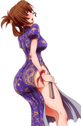 Rule 34 | 1girl, ass, breasts, brown hair, china dress, chinese clothes, dress, folded fan, folded ponytail, folding fan, from behind, hand fan, hayate no gotoku!, huge ass, large breasts, long hair, looking back, maria (hayate no gotoku!), open mouth, ponponmaru, red eyes, short hair, side slit, simple background, solo, white background
