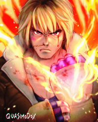 Rule 34 | 1boy, absurdres, blonde hair, blood, blood on clothes, brown jacket, commentary, dog tags, english commentary, facial hair, fingerless gloves, fire, gloves, hair dye, highres, jacket, ken masters, leather, leather jacket, male focus, mismatched eyebrows, nosebleed, padded gloves, portrait, quasimodox, serious, short hair, solo, street fighter, street fighter 6, stubble, thick eyebrows, you gonna get raped